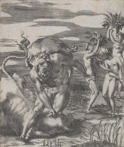 Hercules verslaat de riviergod Achelous in de vorm van een stier, met drie vrouwen