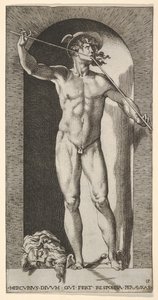 Blad 14: Mercurius staande in een nis spelend op zijn pijpen, met het afgehakte hoofd van een oude man, 1526 door Giovanni Jacopo Caraglio