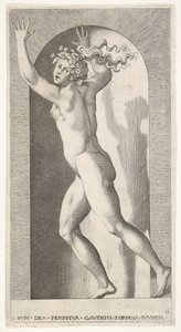 Hebe in een nis met haar handen in de lucht, rennend naar links terwijl ze kijkt naar... door Giovanni Jacopo Caraglio