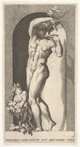 Bacchus staande in een nis, druiven houdend boven een bord, vergezeld door een kind