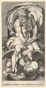 Plaat 3: Jupiter die uit een nis tevoorschijn komt, rijdend op een adelaar en een bliksemschicht vasthoudend, 1526 door Giovanni Jacopo Caraglio