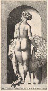 Plaat 4: Juno staand in een nis, van achteren gezien, een pauw strelen aan haar rechterkant, fr..., 1526