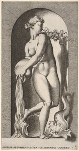 Plaat 6: Thetis staand in een nis met een schelp en zeedier, water uitgietend... door Giovanni Jacopo Caraglio