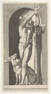 Plaat 7: Pluto in een nis, met een tweetand, met Cerberus naast hem, uit een serie van m..., 1526