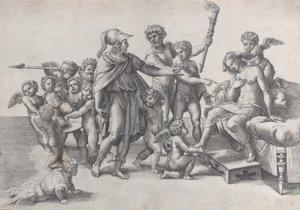 Het huwelijk van Alexander en Roxana, Alexander omringd door putti, biedt een kroon aan door Giovanni Jacopo Caraglio