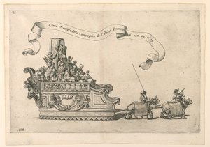 Een praalwagen in Reggio, Italië: "Carro trionfale della Compagnia di S. Rocco" (De Triomfwagen van de Compagnie van St. Roch). Plaat 2b uit A. Isacchi, "Relatione di Alfonso Isachi intorno l