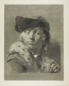 Buste van een jonge man met een bontkraagjas