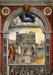 Teken van de dierenriem: “De ram” Boven medaillons met portretten van Julius Caesar en Augustus. Hieronder, legende geassocieerd met de geboorte van het sterrenbeeld dat overeenkomt met het teken: Caius Mucius Scaevola, geïntroduceerd in het vijandelijke k door Giovanni Maria Falconetto