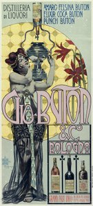 Reclameposter van de likeurstokerij Gio Buton en C Bologna door Giovanni Maria Mataloni