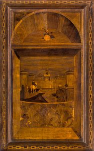 Lignaean Canonical Choir, Ingelegd door Giovanni Maria Platina 1484, Bovenste Stallo, Uitzicht op het Sforzesco-kasteel van Milaan door Giovanni Maria Platina