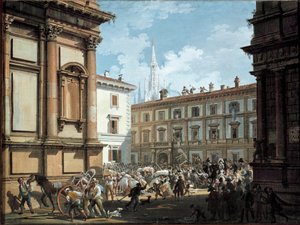 Milanese burgers plunderen het huis van Giuseppe Prina ten tijde van de val van Napoleon I in 1814 (olie op doek)