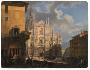 Uitzicht op Piazza Duomo met de coperto dei Figini en de isolato del Rebecchino, Milaan door Giovanni Migliara