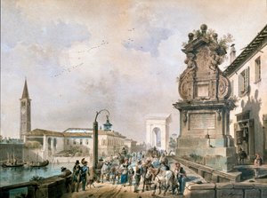 Zicht op Trofeo-brug over Naviglio Pavese, Milaan door Giovanni Migliara