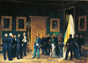 Tweede Onafhankelijkheidsoorlog - Victor Emmanuel van Savoye ontvangt Toscaanse gezanten met het Decreet van de Annexatie van Toscane bij het Italiaanse Koninkrijk