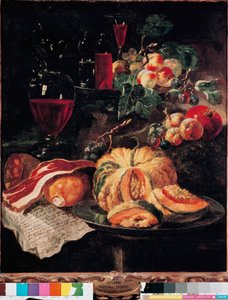 Stilleven Pompoen, spek, ham, perziken en wijn. Schilderij door Giovan Paolo Castelli, genaamd Lo Spadino (1659-1730) 1703 Rome, Museum van de Conservatori capitolini door Giovanni Paolo Castelli