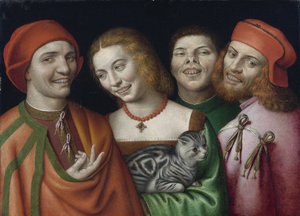 Portret van drie mannen en een vrouw met een kat
