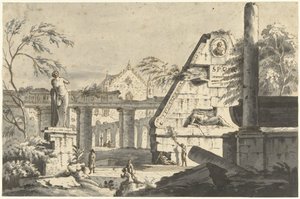 Landschap met antieke ruïnes van gebouwen en beelden