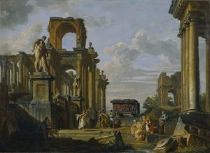 Architectonische Capriccio van het Romeinse Forum met Filosofen en Soldaten tussen Oude Ruïnes door Giovanni Paolo Pannini