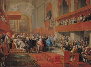Overhandiging van de Orde van de Heilige Geest aan Prins Vaini door Paul-Hippolyte de Beauvillers (1684-1776) Hertog van Saint-Aignan in 1732, c.1752 door Giovanni Paolo Pannini
