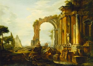 Een Capriccio van Klassieke Ruïnes met de Piramide van Cestius en Figuren in een Landschap door Giovanni Paolo Pannini