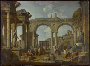 Een Capriccio van Romeinse Ruïnes met de Boog van Constantijn, c.1755