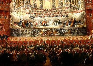 Concert gegeven door kardinaal de La Rochefoucauld (1700-99) in het Argentijnse Theater in Rome, ter viering van het huwelijk van Lodewijk de Dauphin (1729-65) zoon van Lodewijk XV, met Marie-Josephe (1731-67) van Saksen door Giovanni Paolo Pannini