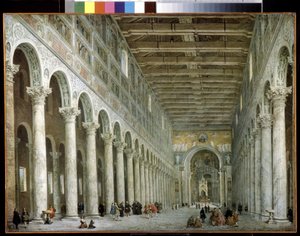 Interieur van de Basiliek van Sint-Paulus buiten de muren in Rome. door Giovanni Paolo Pannini