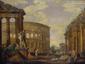 Landschap met Hercules en ruïnes van het oude Rome door Giovanni Paolo Pannini