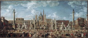 Voorbereidingen voor het vuurwerk en de versieringen van het feest in Rome ter viering van de geboorte van de dauphin van Frankrijk door Giovanni Paolo Pannini