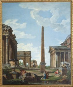 Een capriccio met Romeinse ruïnes en een scène uit het leven van Belisarius door Giovanni Paolo Pannini