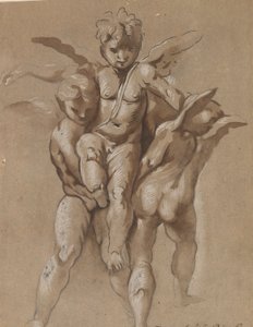 Twee Putti die een Derde Putti Dragen (recto); Een Jongeling met een Staf (verso)