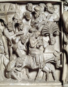 Detail van de reliëfs van de Stoel gemaakt door Giovanni Pisano (1248-1314): Detail van de reliëfs van de marmeren preekstoel, vlucht naar Egypte