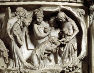 Detail van de reliëfs van de Stoel gemaakt door Giovanni Pisano (1248-1314): Detail van de reliëfs van de marmeren preekstoel, de aanbidding van de wijzen