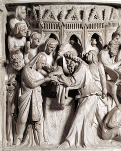 Detail van de reliëfs van de preekstoel gerealiseerd door Giovanni Pisano (1248-1314): de presentatie van Jezus in de tempel (Detail van de reliëfs van de marmeren preekstoel) 1302-1311 Kathedraal van Pisa (Duomo di Pisa), Italië