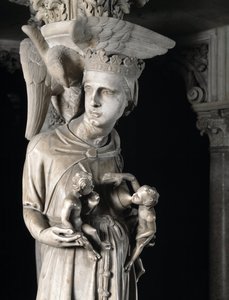 Detail van de gebeeldhouwde groepen die de stoel ondersteunen door Giovanni Pisano: de kerk voedt haar kinderen (detail) door Giovanni Pisano