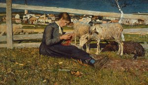 Meisje dat sokken maakt, door Giovanni Segantini, olieverf op doek