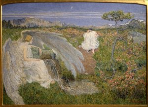 Liefde Bron van Leven: Een engel die een koppel in een droomachtig landschap bekijkt