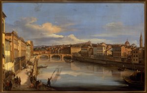 Een blik op de Arno en de Ponte Vecchio, Florence door Giovanni Signorini