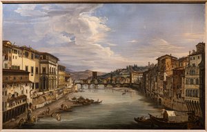 Uitzicht op de Arno vanaf Ponte Vecchio richting de Alle Grazie-brug door Giovanni Signorini