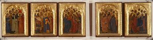 Predella, polyptiek van heiligen, maagden en martelaren door Giovanni da Milano