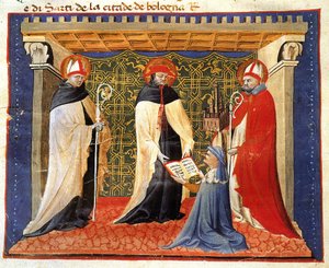 Miniatuur van de statuten van de drapersgilde door Giovanni da Modena