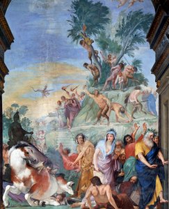 De muzen en dichters van de Parnassus (muzen en dichters verdreven van de Parnassus) Fresco detail door Giovanni da San Giovanni, 1634-1642, Museo degli argenti, Palazzo Pitti, Florence door Giovanni da San Giovanni