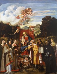 Madonna op de troon met engelen, St. Apollonia, St. Augustinus, St. Catharina, St. Jozef, St. Grata, St. Philip Benizzi en St. Barbara (St. Gotthard Altaarstuk) door Giovanni de Busi Cariani