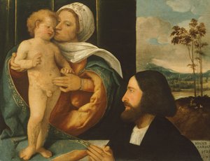 Madonna met kind en toegewijde door Giovanni Cariani