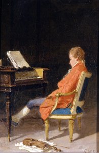 Portret van Wolfgang Amadeus Mozart aan de piano