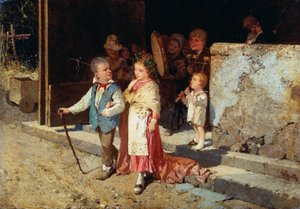 Jong getrouwd stel, door Giovanni Del Re, olieverf op paneel