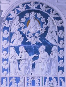 De Madonna tussen de heiligen Franciscus, Dominicus en Bernardus, Kerk van San Francesco in Foiano della Chiana, Toscane door Giovanni della Robbia