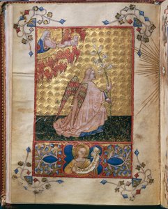 Italië, Annunciatie: de Engel met een lelie, miniatuur door Giovanni di Benedetto da Como, uit Officium Beatae Mariae Virginis door Alberto de Porcelis door Giovanni di Benedetto da Como