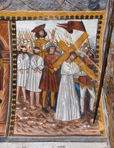 Verhalen van de Passie van Christus: Jezus gaat naar Calvarie met het kruis en wordt geholpen door Cyrenaeus