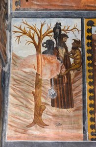 Verhalen van de Passie van Christus: Judas, na Jezus verraden te hebben voor dertig denarii, hangt zichzelf op door Giovanni di Cherasco Botoneri